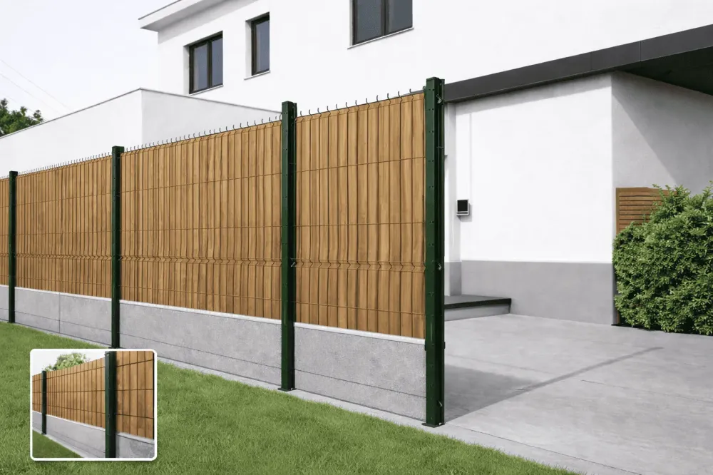 Clôture rigide avec soubassement béton et occultants Bois